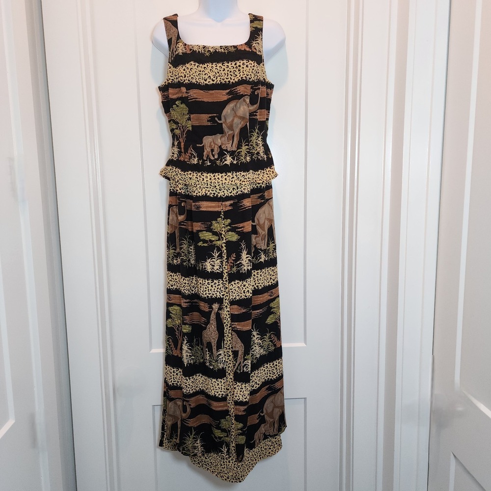 Vintage 90s Safari Maxi Dress S 6 Elephant Leopard Giraffe Mob Layered Phoebe - Picture 2 of 16